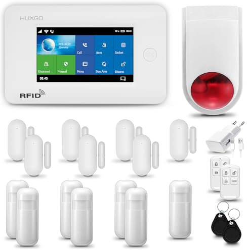 HUXGO® HXA006 Alarme Maison avec Sirène sans Fil, WiFi + GSM | Kit d'alarme Maison Domestique avec 7X détecteurs de Mouvement, 7X capteurs de Portes et fenêtres | TUYA App Intelligent