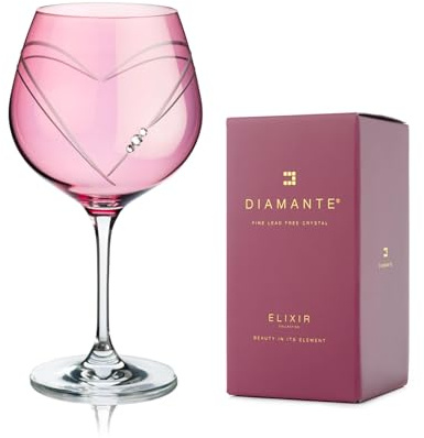 DIAMANTE Pink Gin Copa Cocktail Glass 'Hearts’ - Single Pink Coloured G&T Cocktail Wine Glass with Heart Design and Crystals Packed in Gift Box
