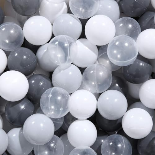 PlayMaty 100er Pack Bunte Bälle ohne Phthalate und BPA, Stressbälle aus crushsicherem Kunststoff für Kinder Spielhäuser, Pool-Bälle für Ballgruben, 2,16 Zoll (Grau-Weiß)