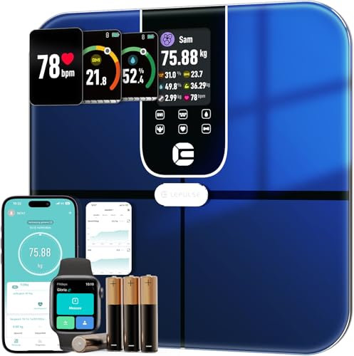 Lepulse Körperfettwaage 3.35'' TFT Großem Display Perensonwaage Digital, Waage mit Körperfett und Muskelmasse, BIA Waage Personen, Körperwaage mit App, 22 Messdaten, Herzfrequenz, BMI, Trend
