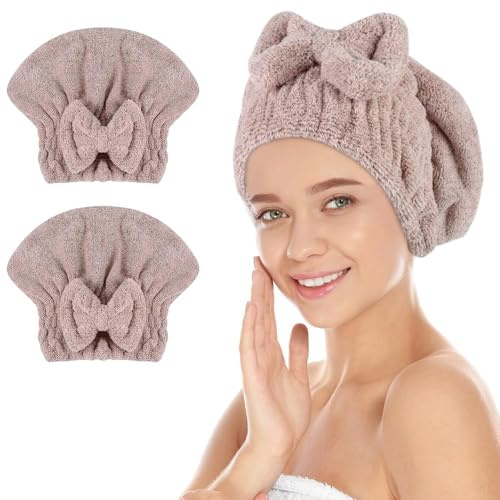 Sunland 2 Stück Mikrofaser Handtuch Haare Kopfhandtuch Braun | Super saugfähig Haarturban Schnelltrocknend Haartuchwickel Anti Frizz Haarhandtücher für Damen & Mädchen 28 x 34 cm