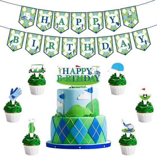 Golf Theme Birthday Banner, Golf Happy Birthday Cake Topper, Golf Cupcake Topper,Outdoor Sport Party Decoration