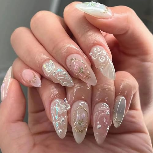 Cosmeria 24er Set 3D Handmade Press on Nails mit Charms – Mittelgroße Mandel Kunstnägel, Wiederverwendbar, Umweltfreundlich, Perfekt für Frauen