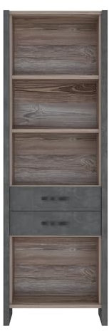 möbelando Standregal >Note< Das Standregal Note in Betonoptik Dunkelgrau/Picea Kiefer bietet auf B 67,7 x H 204,4 x T 43,1 cm Vier offene Fächer, Zwei Schubladen und überzeugt im Industrial-Design.