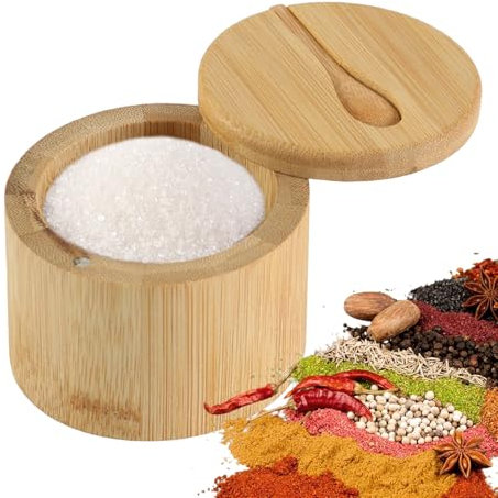 Salero para Cocina Bambú, Wood Salt Cellar Bowl Box, Recipiente para Sal de Cocina, Wooden Salt Box, con Tapa Giratoria & Cuchara, para Sal, Especias (9 x 9 x 7 cm)