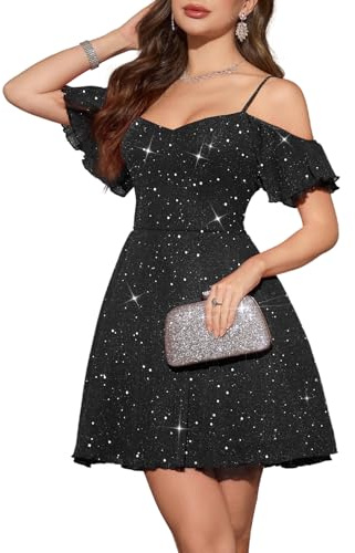 Meetjen Damen Sparkly Off Shoulder Ballkleid 2025 A-Linie Tüll Spaghettiträger Kurze Cocktailkleider