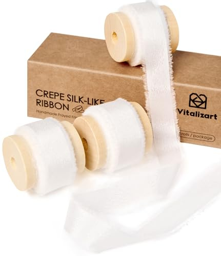 Vitalizart krämfärgat presentband dubbelt ansikte silkeslent satinband 5/8 tum x 15 år, vita crepe-band handgjorda fransade fransar för alla hjärtans dag presentförpackning bröllop brudbuketter