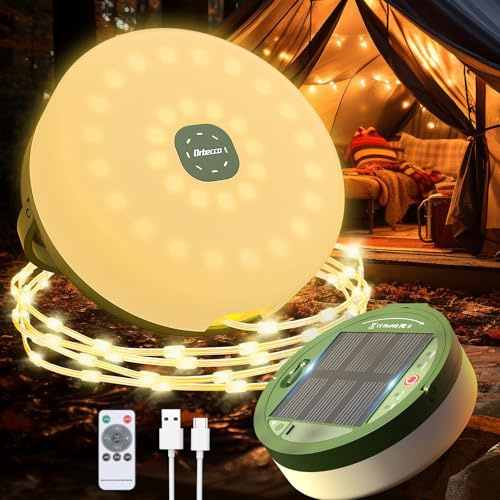 Orbecco Camping Lichterkette, Solar und USB, 12 m, 8 Lichtmodi | Solar Lichterkette mit 5.000-mAh-Akku, Fernbedienung und Timer; Outdoor Campinglampe mit 10 Clips.