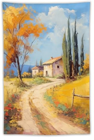 Wandteppich im Vintage-Stil, Landhaus-Stil, Herbst, gelber Baum, Bauernhaus, Polyester, modern, ästhetisch, Wandbehang, für Zuhause, Schlafzimmer, Wohnzimmer, Wohnheim, Dekostoff, 101,6 x 152,4 cm