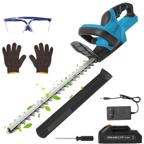 Taille-haie Professionnel sans Fil 21V avec 7500mah Batterie et Chargeur Rapide, Double Lame de Coupe, Diamètre de Coupe 15mm, Longueur de Coupe 55 cm, pour Le Jardin, la Pelouse et la Cour (Bleu)