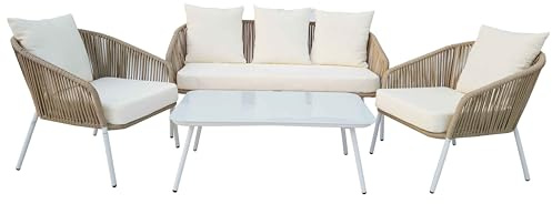 Megashopitalia Set da Giardino in Rattan con Divano 5 Posti Poltrone Tavolino da Caffè (Bianco)