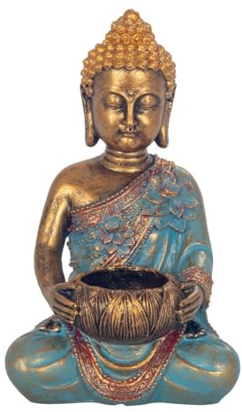 Buddha Statua Portacandele Decorativo, 30 cm, Blu e Oro, Stile Orientale, Effetto Invecchiato, Uso Interno