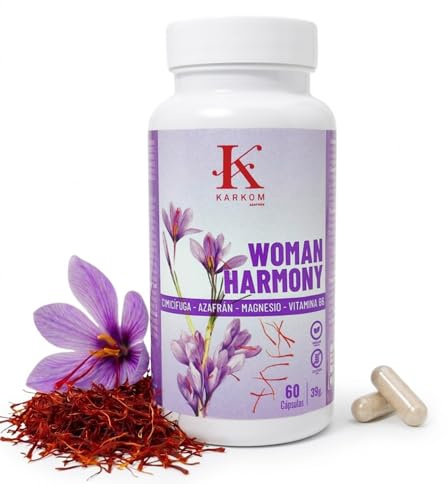KARKOM Pastillas Menopausia con Cimicifuga y Azafrán Natural 60 Capsulas - Suplemento Perimenopausia con Magnesio y Vitamina B6 contra Sofocos, Irritabilidad, Cansancio y Cambios Hormonales Femenino