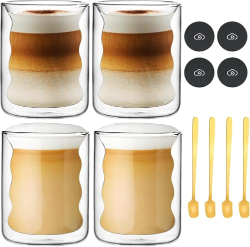 JIIKOOAI Double Walled Glasses with Spoon Coaster Set, 4×200ml Cappuccino Latte Cup, Double Insulated Drinking, Clear Glass Cups, Threaded Glass Espresso Cup for Tea Milk Juice for Gift