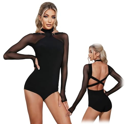 Hybursky Body da danza a maniche lunghe per le donne in rete patchwork body da balletto con scollo all'americana senza schienale top per danza latina top ginnastica body top jazz costume da ballo per