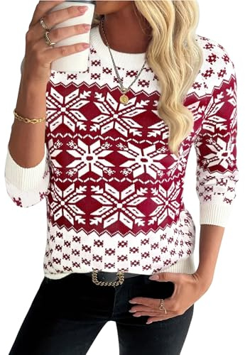 Demegimi Maglioni Natalizi Pullover Natale Maglietta a Manica Lunga Donna Maglione Natalizio Fiocco Neve Alce Girocollo Donna a Maniche Lunghe Maglione Festa Natale