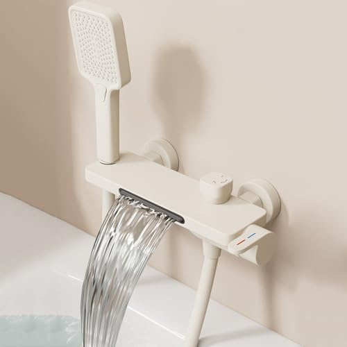 Grifo de Pared Bañera con 30° Outción de Cascada Ajustable 4 Modo Grifo Bañera y Ducha Cascada,Leche Blanca