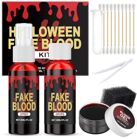 Halloween Kunstblut Set - Realistischer Effekt Auswaschbar Fake Blood mit Zahnersatz - Spray + Tropfen + Blutgel-Kombination, Kunst Blut für Halloween, Zombie, Vampir, Karneval und Theaterschminke