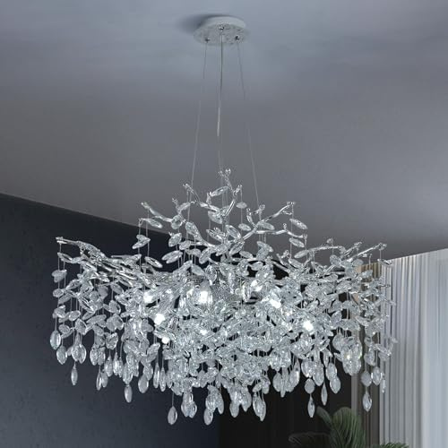 Moderne Kristall-Kronleuchter Wohnzimmer,Luxury Chrom Pendelleuchte Aus K9 Kristall Aluminium Baumzweigen,Rund 10-Light HäNgelampe Leuchte FüR Esszimmer,Schlafzimmer,Hohe Decke 80Cm