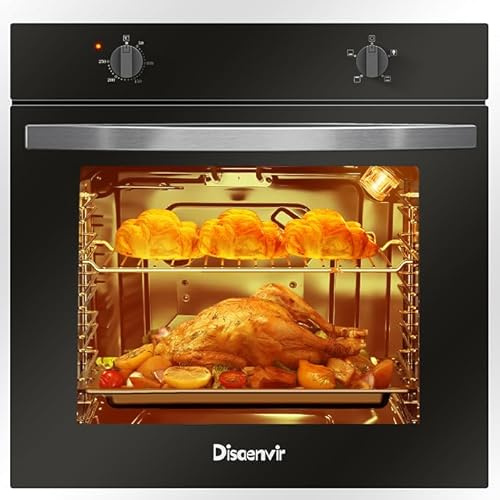 Disaenvir Electric Oven 65L with Plug, Built-In Single Oven 4 Functions | Knob Control, 3D Hot Air Baking, Timer, 250℃ High-Temperature Cooking, Convection Mode, 2200W, 60 cm, Black