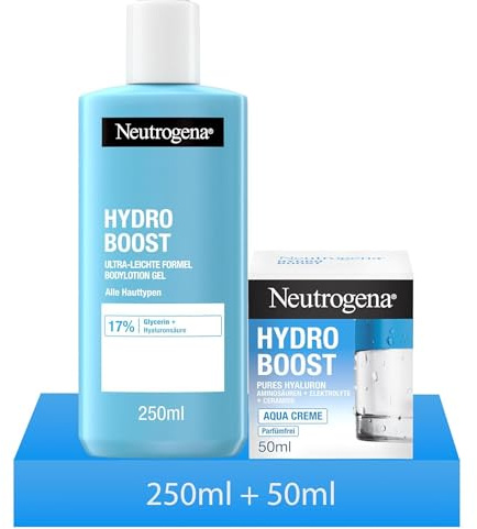 Neutrogena Hydro Boost Aqua Creme parfümfrei 50ml + Bodylotion Gel 250ml mit Hyaluronsäure & Glycerin – Feuchtigkeitspflege für trockene Haut & alle Hauttypen, ultra-leichte Formel