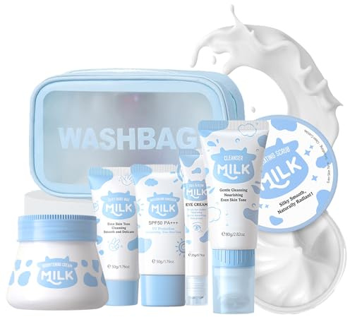 Milk Gesichtspflege Skincare Set 7pcs –Korean Skincare Set Für Teenager Mädchen –Teenager Mädchen Geschenke Mit Reiniger,Hand Peeling,Face Cream,Serum, Eye Cream,Sunscreen -Adventskalender 2025 Beauty