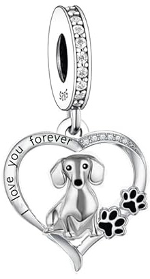 Dackel Dachshund Charm für Pandora Armband – 925 Sterling Silber Dangle Anhänger Bead, Pfote & Herz, Geschenk für Hundemama