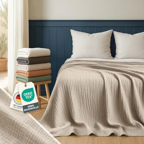 Blumtal Tagesdecke Baumwolle 220x240 cm - Musselin Decke Oeko-TEX Zertifiziert - Bettüberwurf 220x240 - Couch Überwurf - Kuscheldecke Baumwolle 100% - Couch Decken Überwurf - Überwurfdecke Creme-Weiß