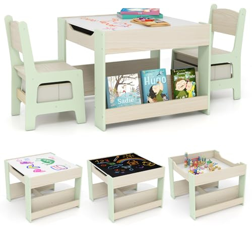 COSTWAY Kindertisch mit 2 Stühlen, 3 teilige Kindersitzgruppe aus Holz mit wendbarer Tischplatte, Bücherregalen & Aufbewahrungsboxen, 4 in 1 Kinder Maltisch mit Stauraum für ab 3 Jahren (Grün)