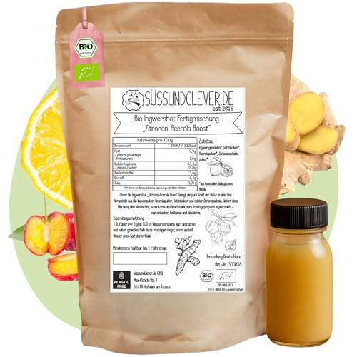 süssundclever.de® Bio Ingwershot Pulver Zitronen-Acerola Boost | 200g - 40 Shots | Mit Acerola, Dattelsüße und Zitronenschalenpulver | vegan und ohne Zuckerzusatz