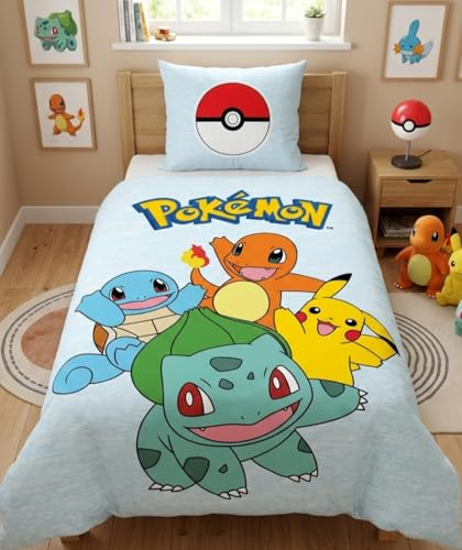 Pokémon, Parure de Lit Enfant Gamer pour Lit 1 Place, Motif Pikachu et Starters, Ensemble 2 pièces Housse de Couette Réversible 140x200 cm et Taie d'oreiller 63x63 cm, Textile Certifié Oeko TEX