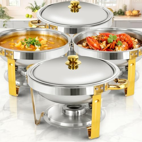 XYJBHB Chafing Dish Full Set, Round 5QT Stainless Steel Catering Chafer with Stainless Steel Lid, Buffet Food Warmers for Parties Events Weddings, Gold, 4 Pack