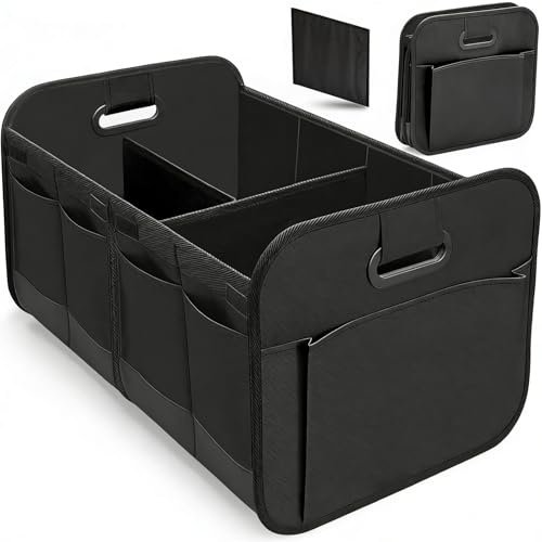 Vrexziy Car Boot Organiser, Large-Capacity Auto Trunk Organizer, Trunk Organiser Collapsible Multi Compartment with Reinforced Base and Comfort Handle for Cars SUVs Trucks(Black)