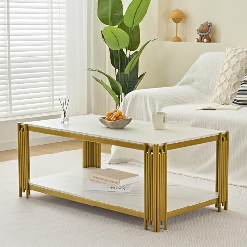 IANIYA Couchtisch, Beistelltisch mit offenem Fach, goldenen Metallbeinen | für kleine Räume, Wohnzimmer, Maße 114 x 64 x 46 cm, mit goldenen Marmoroptik, Simple modern