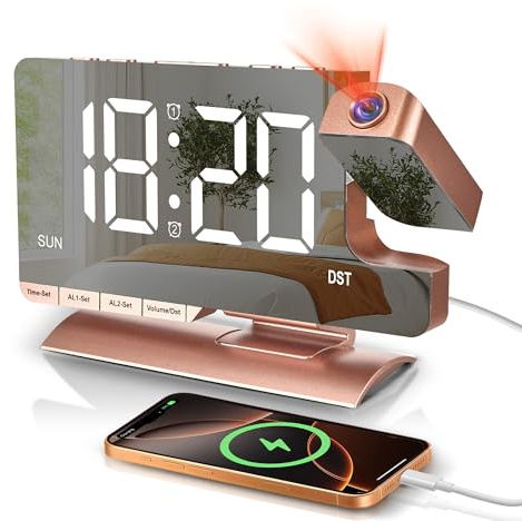 Wecker mit Projektion, Wecker Digital 180° drehbarem Projektor, 7.3 Projektionswecker mit Dual-Alarm, Schlummern, Wochentagsanzeige, 6 Helligkeitsstufen, 5 Lautstärkestufen, Ladeanschluss Roségold