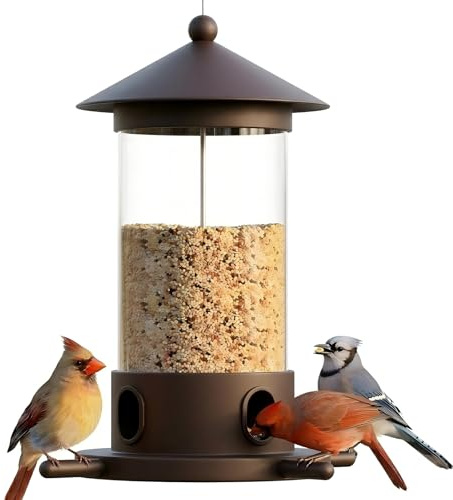 MrCrafts Vogelfutterstation aus Metall zum Aufhängen im Freien – Premium Eisen-Wildvogel-Futterspender, Bronze-Schwerlasteisen mit Drainagelöchern, Einhand-Nachfüll-Schiebedach, elegante