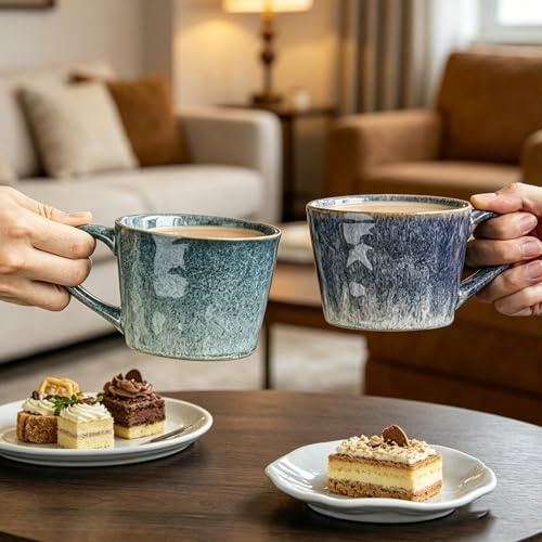 BORDEAG 2 Stück Cappuccinotassen Set Steingut 350ml Handgefertigt Porzellan Kaffeetassen Set Mit Henkel, Kreatives Design Keramik Teetassen Geschenk, Für Büro Und Zuhause (Lila + Blau)