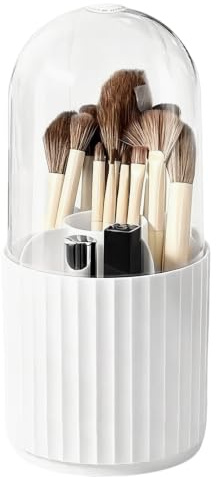 Make Up Organizer 360° Drehbar mit Deckel - Kosmetik Organizer Staubdicht aus PET, Schminktisch Pinselhalter Aufbewahrung für Make-up & Lippenstifte – 23 cm Hoch Weiß