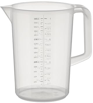 Jarra medidora APS de 3 litros, Ø 17,5 x H: 23,5 cm, jarra de plástico con escala medidora en relieve en el exterior, asa cerrada, graduación de 1 y 1 litro, apta para el lavavajillas