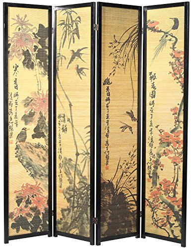 MyGift Decorative 4 Panel Folding Room Divider Bamboo Screen with Chinese Calligraphy Design, 6FT Freestanding Floral Artwork Room Partitioner with Black Wood Frame