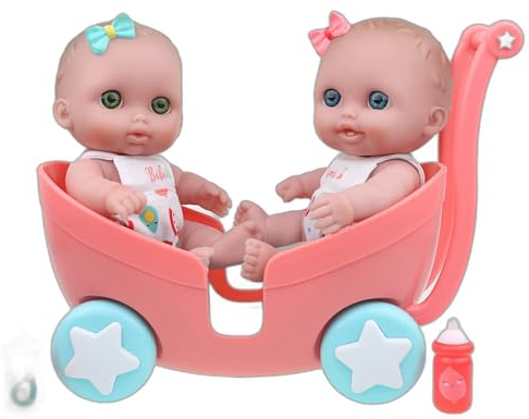 JC Toys Lil Cutesies Twin Ensemble de poupées et Poussette en Vinyle 21,6 cm | Posable et Lavable | Tenues Amovibles | Poussette Double et Accessoire à partir de 2 Ans, Vert