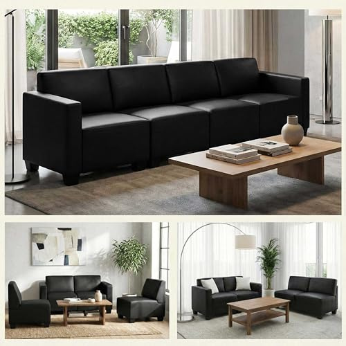 Mendler Canapé 4 Places Lounge/Salon Lyon, système modulaire, Simili-Cuir - Noir