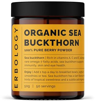 Erbology Organic Sea Buckthorn Powder 50g - 50 Servings - Skin Health and Immunity Support - Rich in Omega-7 (6.5%), Vitamin C and Beta-Carotene - Seeds Removed, More Concentrated - Vegan - GMO-Free