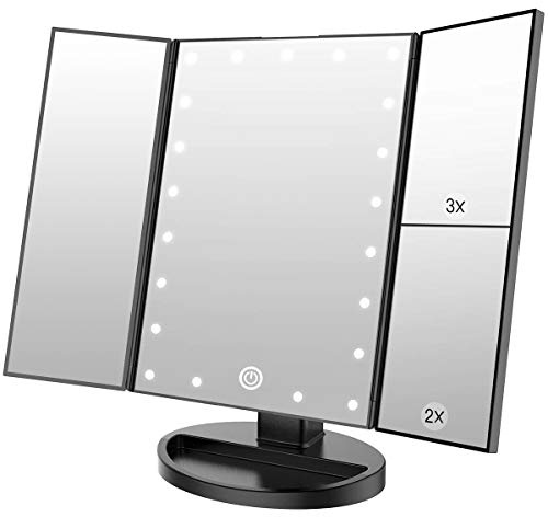 WEILY Makeup Mirror with 21 LED Lights,Two Power Supply Modes, Adjustable Touch Screen and 1x/2x/3x Magnification Tri-Fold Vanity Mirror,Chargeable Travel Cosmetic Mirror for Desktop (Black)