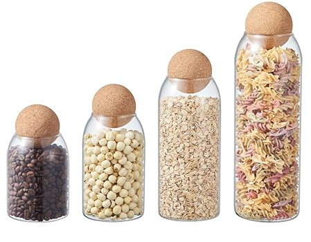 ORNAMI Clear Glass Kitchen Storage Jar with Cork Ball | Mason Food Canister Jar with Spherical Cork Lid | BPA-Free Pantry Organiser (Set of 4, Mixed Sizes)