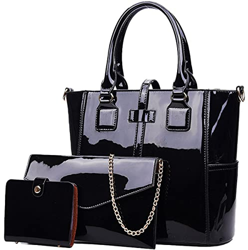 NIYUTA Donna Borse a tracolla Borse a mano pelle verniciata borsa madre Moda casual piccole Borse a spalla 3 pz Nero