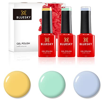 BLUESKY Gel Nail Polish Set, Rainbow Pastels. Pastel Yellow A115, Groovy Green Dc105, Faded Blue Qxg741. 3 X 5Ml. (Requires Curing Under Uv/Led Lamp)