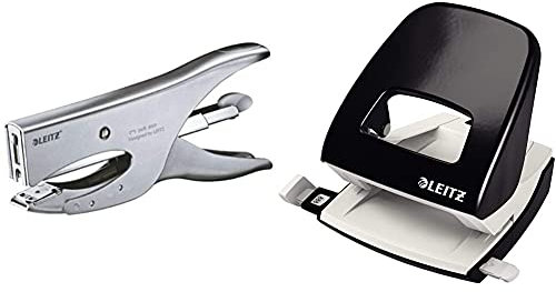 Leitz Heftzange, Für 40 Blatt, Ergonomisches Design aus Metall, Für Heftklammern P3 (24/6, 26/6) oder P4 (24/8), Silber & NeXXt Bürolocher, 30 Blatt, Anschlagschiene mit Formatangaben, Metall, Schwarz