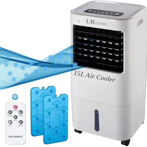 UR CHOICE 15L Evaporative Air Cooler with Remote and Touch Control, 7.5 Hour Timer, 3 Speed Settings, Includes 2 Freezer Blocks, Portable Powerful Cooler Fan for Home and Office
