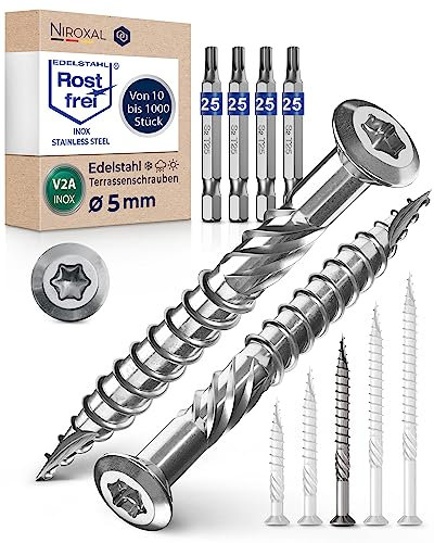 Torx - Lot de 1000 vis à bois de 5 x 60 mm et 4 embouts hexagonaux correspondants - Pour terrasse - En acier inoxydable A2 - Avec tête bombée - Encoche de coupe et nervures d’épluchage